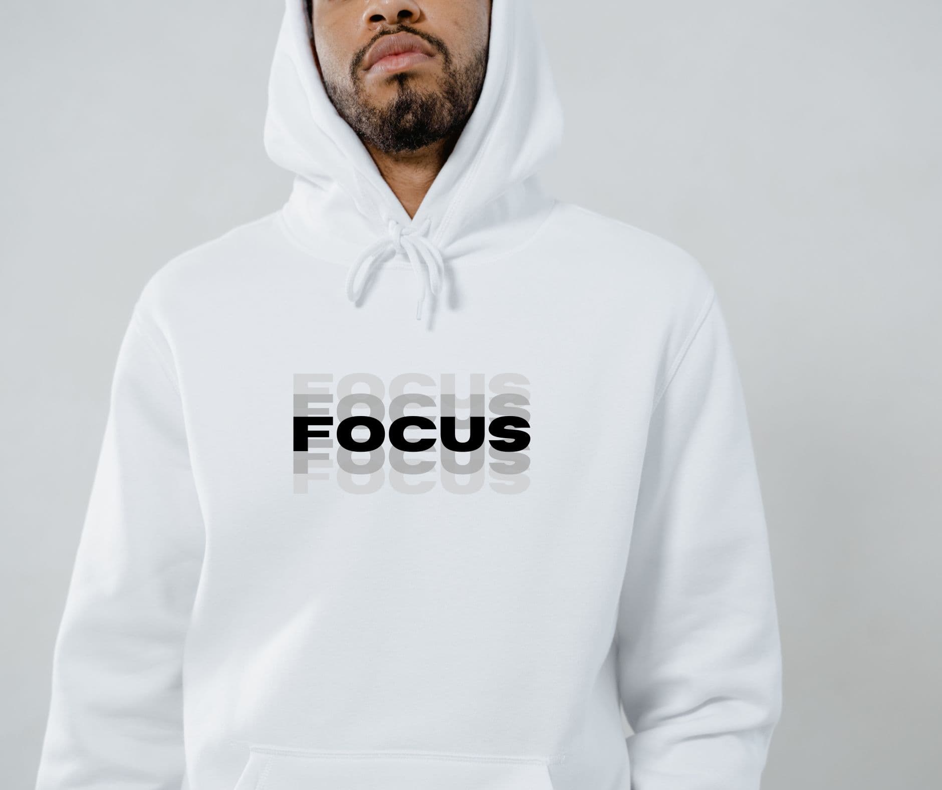Mens White FOCUS Hoodie Minimal Modern Print