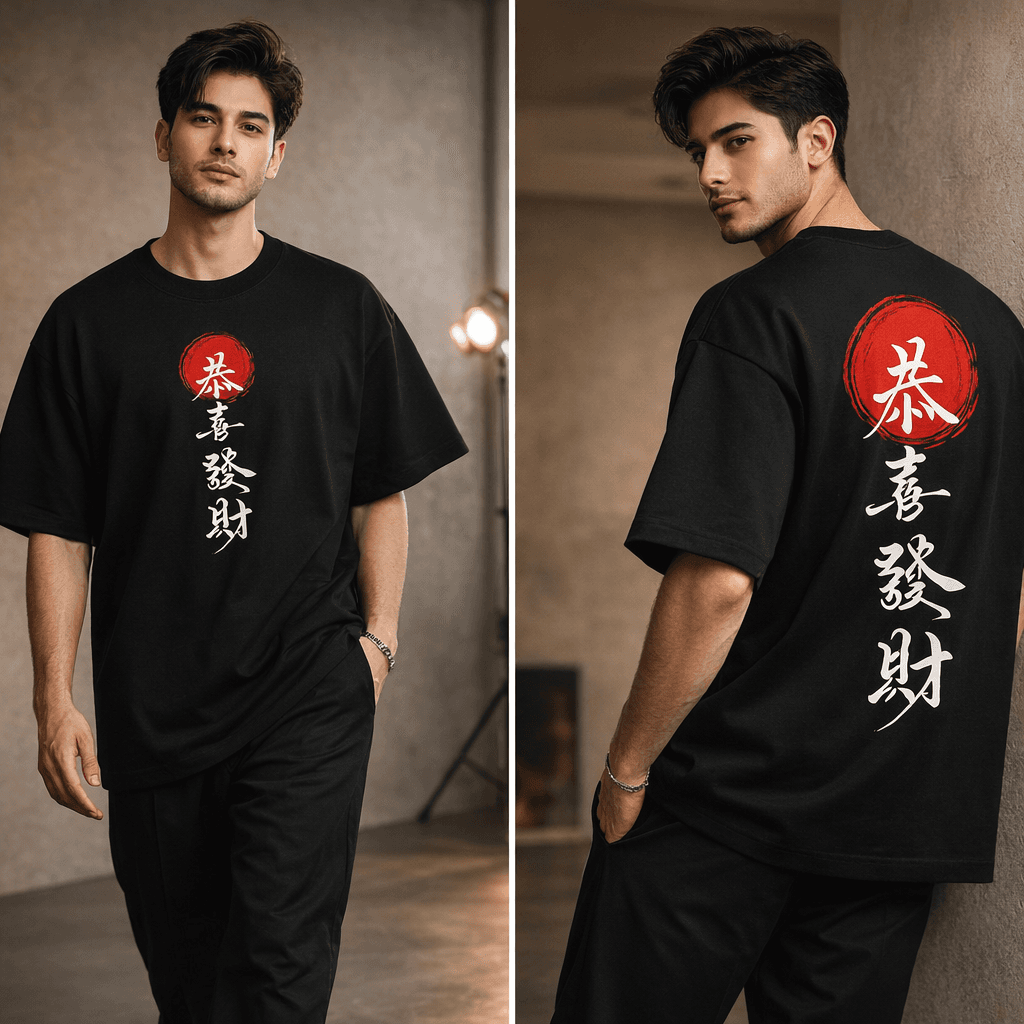 Japanese Calligraphy – Black Drop Shoulder T-Shirt